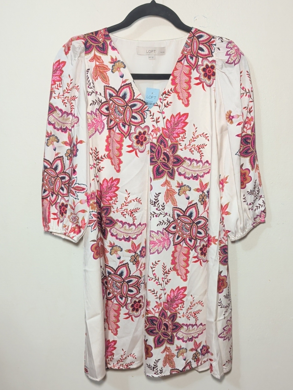 LOFT Floral V-Neck Tunic Shift Dress Ivory Red Pink V-neck Women's Size XXSP